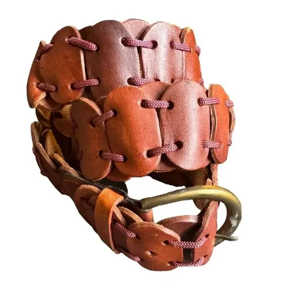 Handmade Brown Leather Disc Woven Belt - Picture 2 of 4